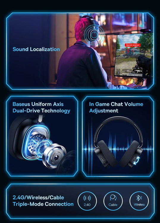Baseus GH02 Wireless Gaming Headphones - RGB & Bluetooth 5.3